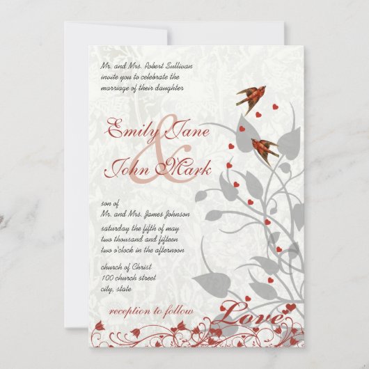 Elegant Red en Gray Hearts Lovebird Wedding Kaart (Voorkant)