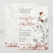 Elegant Red en Gray Hearts Lovebird Wedding Kaart (Voorkant / Achterkant)