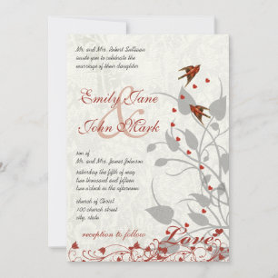 Elegant Red en Gray Hearts Lovebird Wedding Kaart