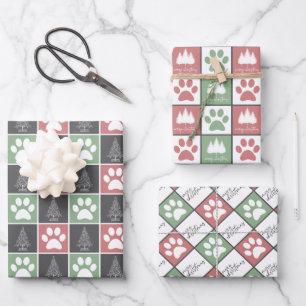 Elegant Red en Green Paw print kerstpatroon Inpakpapier Vel