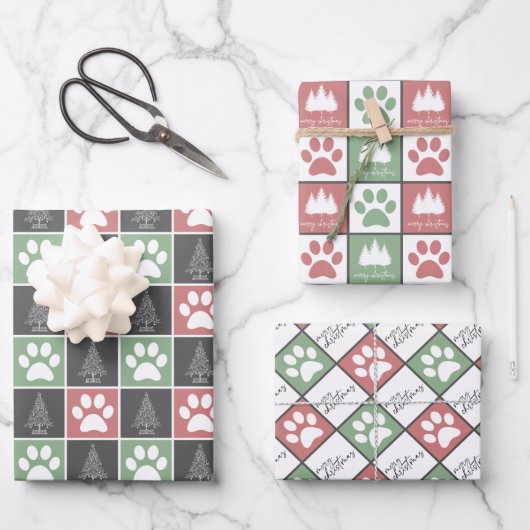 Elegant Red en Green Paw print kerstpatroon  Inpakpapier Vel (Voorkant)