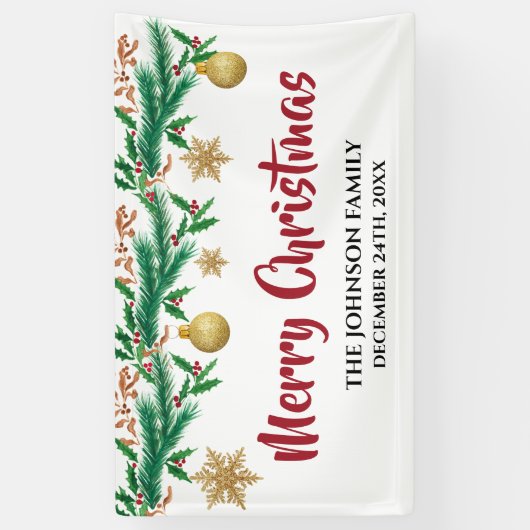 Elegant Red en Green Winter Sprigs Kerstmis Spandoek (Verticaal)