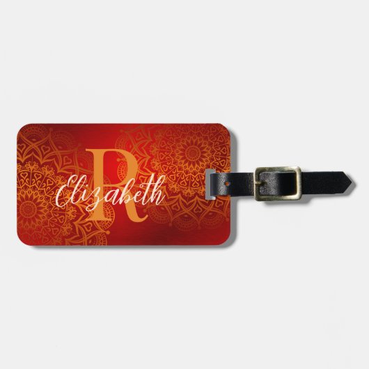 Elegant Red en Oranje Mandala Monogrammed Bagagelabel (Voorkant horizontaal)