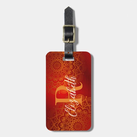 Elegant Red en Oranje Mandala Monogrammed Bagagelabel (Voorkant verticaal)