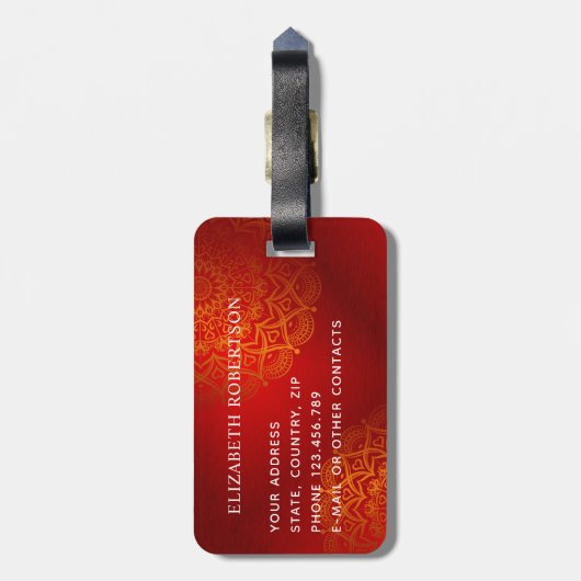 Elegant Red en Oranje Mandala Monogrammed Bagagelabel (Achterkant verticaal)