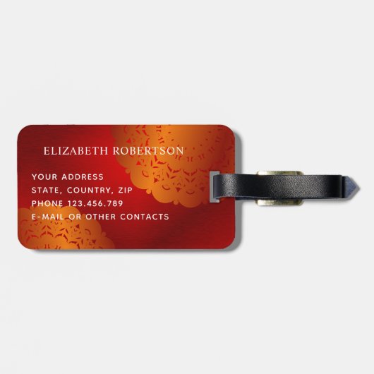Elegant Red en Oranje Mandala Monogrammed Bagagelabel (Achterkant horizontaal)