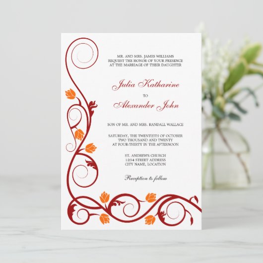 Elegant Red en Oranje Swirls Wedding Kaart (Staand voorkant)