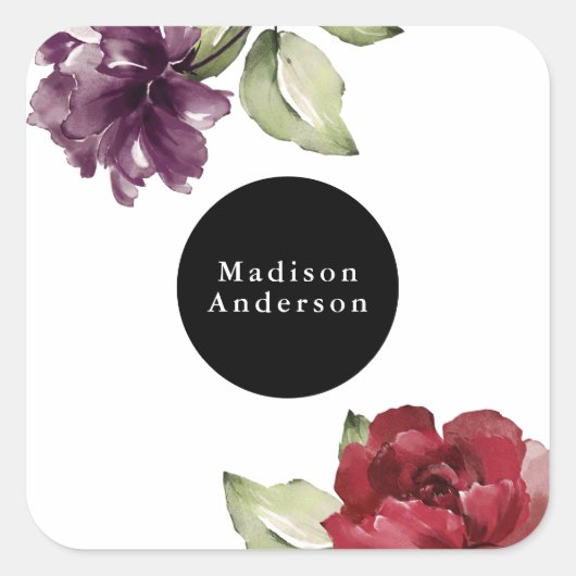 Elegant Red en Plum Waterverf Floral Vierkante Sticker (Voorkant)
