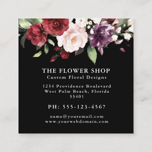 Elegant Red en Plum Waterverf Floral Vierkante Visitekaartje (Achterkant)