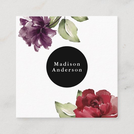 Elegant Red en Plum Waterverf Floral Vierkante Visitekaartje (Voorkant)