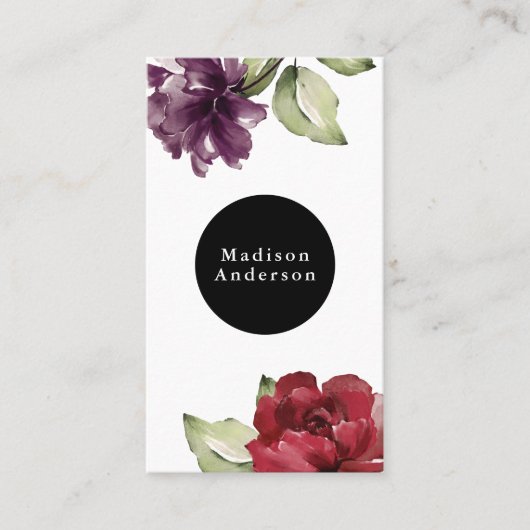 Elegant Red en Plum Waterverf Floral Visitekaartje (Voorkant)