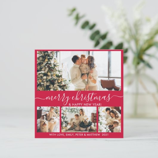 Elegant Red en White 4 Foto Collage Kerstmis Feestdagenkaart (Staand voorkant)