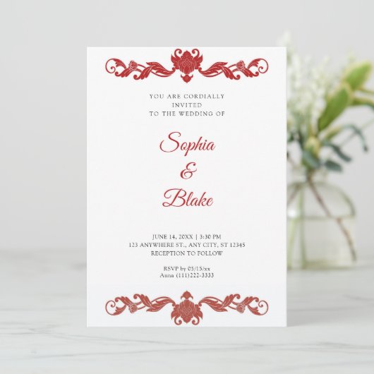 Elegant Red en White Art Deco Wedding Kaart (Staand voorkant)
