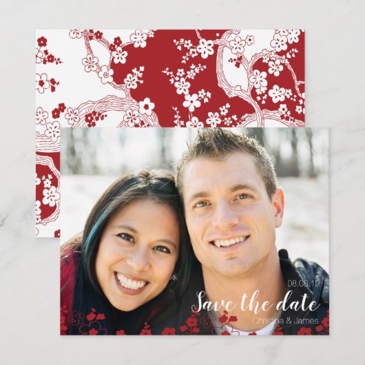 Elegant Red en White Cherry Blossom Oriental Save The Date (Voorkant / Achterkant)