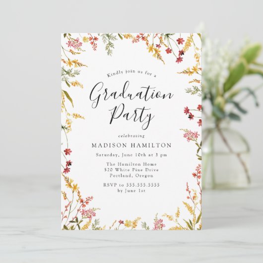 Elegant Red en Yellow Floral Graduation Party Kaart (Staand voorkant)