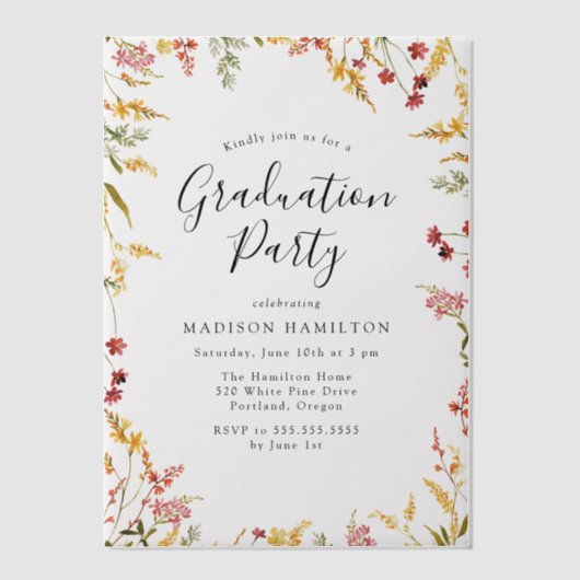 Elegant Red en Yellow Floral Graduation Party Vellum Uitnodigingen (Voorkant)