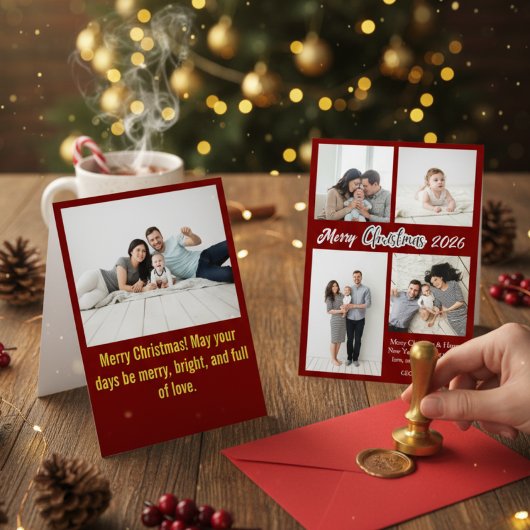 Elegant Red Family Photo Collage Christmas Holiday Feestdagenkaart