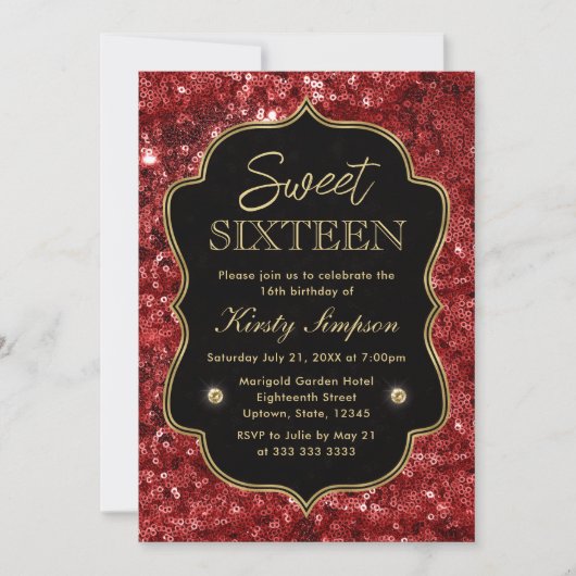 Elegant Red Faux Glitter & Gold Winter Sweet 16 Kaart (Voorkant)