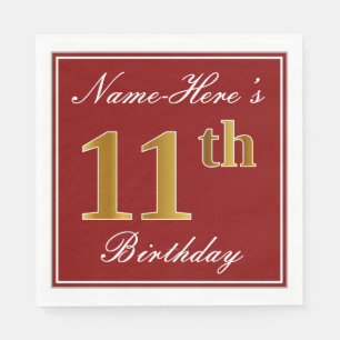 Elegant Red, Faux Gold 11th Birthday + aangepaste  Servetten