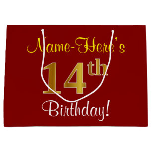 Elegant, Red, Faux Gold 14th Birthday; Aangepaste  Large Cadeautasje