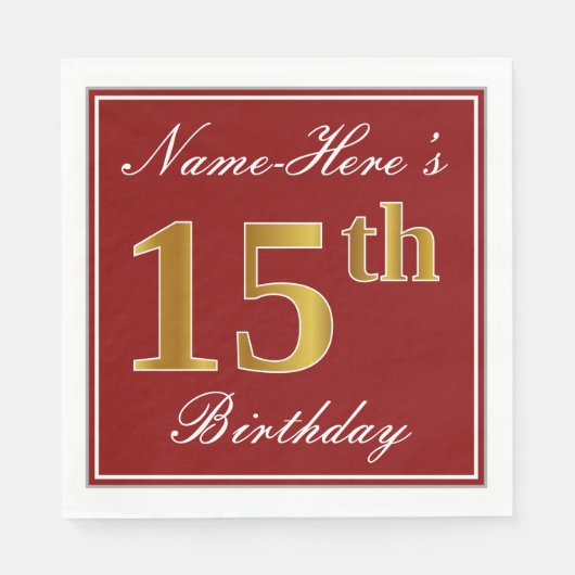 Elegant Red, Faux Gold 15th Birthday + Aangepaste Servet (Voorkant)