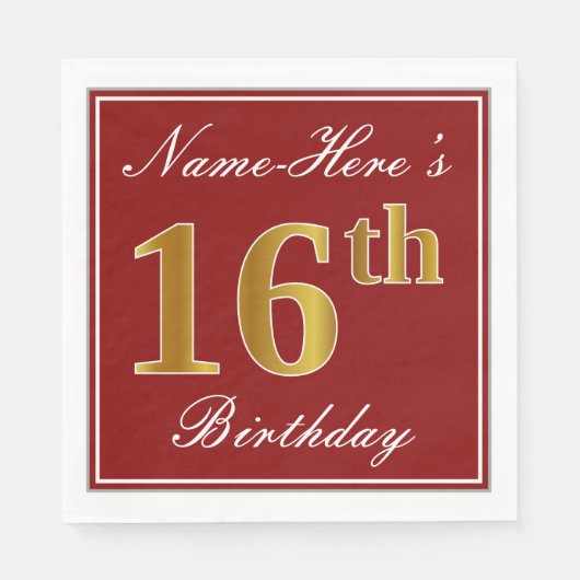 Elegant Red, Faux Gold 16th Birthday + aangepaste Servetten (Voorkant)