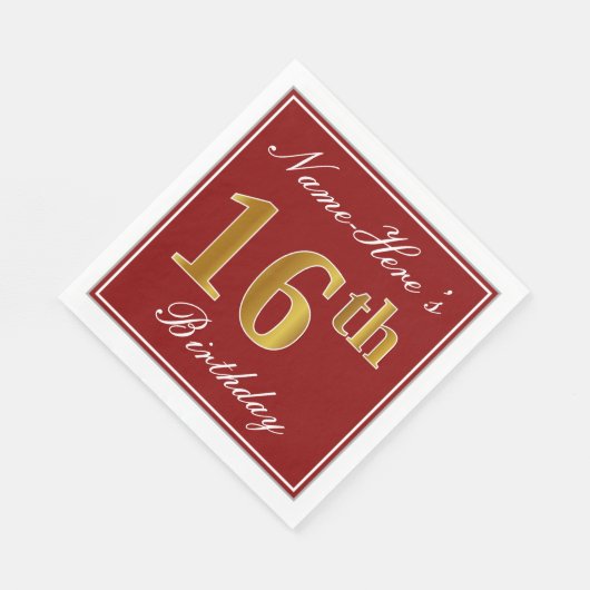 Elegant Red, Faux Gold 16th Birthday + aangepaste Servetten (Hoek)