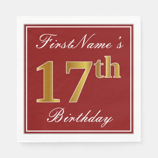 Elegant Red, Faux Gold 17th Birthday + Aangepaste  Servet (Voorkant)