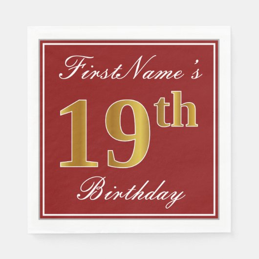 Elegant Red, Faux Gold 19th Birthday + Aangepaste  Servet (Voorkant)