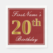 Elegant Red, Faux Gold 20th Birthday + aangepaste  Servetten (Voorkant)