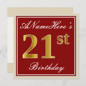 Elegant, Red, Faux Gold 21st Birthday; Aangepaste Kaart (Voorkant / Achterkant)