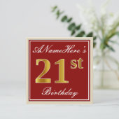 Elegant, Red, Faux Gold 21st Birthday; Aangepaste Kaart (Staand voorkant)