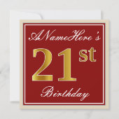 Elegant, Red, Faux Gold 21st Birthday; Aangepaste Kaart (Voorkant)