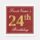 Elegant Red, Faux Gold 24th Birthday + aangepaste  Servet (Voorkant)