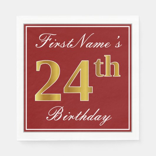 Elegant Red, Faux Gold 24th Birthday + aangepaste Servet (Voorkant)