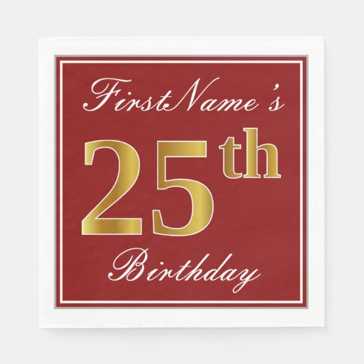 Elegant Red, Faux Gold 25th Birthday + Aangepaste Servet (Voorkant)