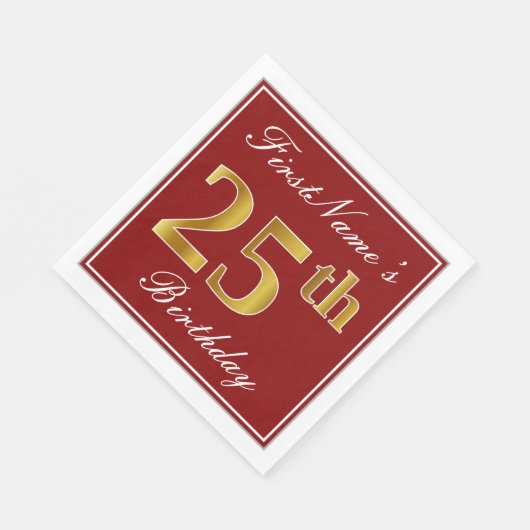 Elegant Red, Faux Gold 25th Birthday + Aangepaste Servet (Hoek)