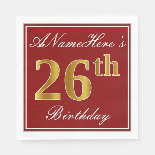 Elegant Red, Faux Gold 26th Birthday + aangepaste Servet (Voorkant)