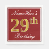 Elegant Red, Faux Gold 29th Birthday + aangepaste Servet (Voorkant)