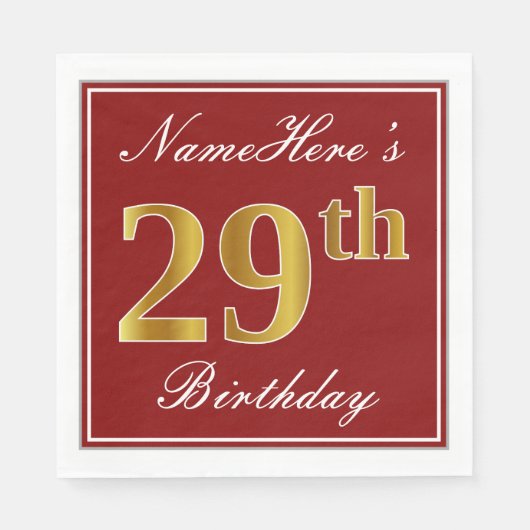 Elegant Red, Faux Gold 29th Birthday + aangepaste  Servet (Voorkant)