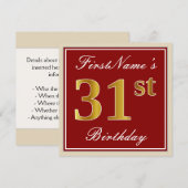 Elegant, Red, Faux Gold 31st Birthday; Aangepaste  Kaart (Voorkant / Achterkant)