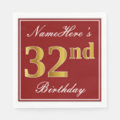 Elegant Red, Faux Gold 32nd Birthday + aangepaste  Servet (Voorkant)