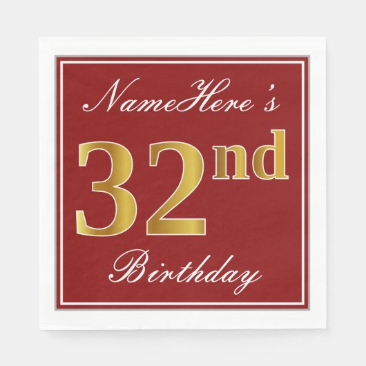 Elegant Red, Faux Gold 32nd Birthday + aangepaste Servet (Voorkant)