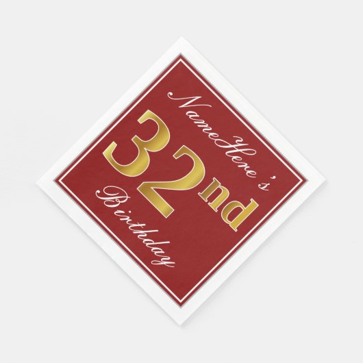 Elegant Red, Faux Gold 32nd Birthday + aangepaste  Servet (Hoek)