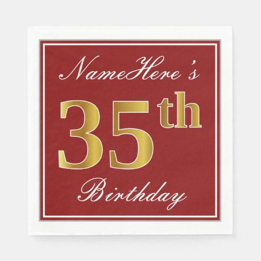 Elegant Red, Faux Gold 35th Birthday + Aangepaste Servetten (Voorkant)