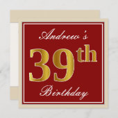 Elegant, Red, Faux Gold 39th Birthday; Aangepaste  Kaart (Voorkant / Achterkant)