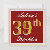 Elegant, Red, Faux Gold 39th Birthday; Aangepaste  Kaart (Voorkant)