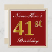 Elegant, Red, Faux Gold 41st Birthday; Aangepaste  Kaart (Voorkant / Achterkant)