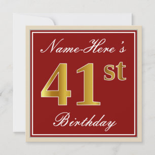 Elegant, Red, Faux Gold 41st Birthday; Aangepaste  Kaart