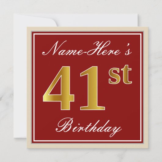 Elegant, Red, Faux Gold 41st Birthday; Aangepaste  Kaart (Voorkant)